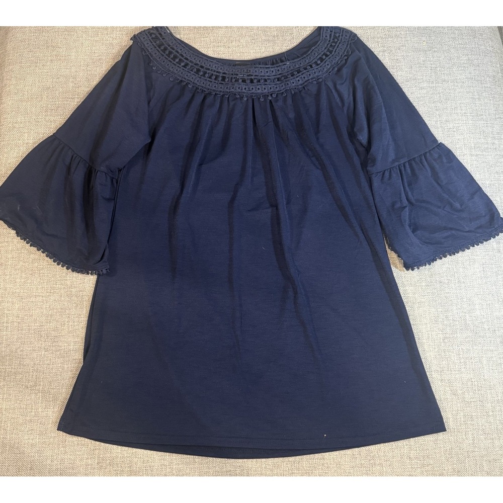 Boho Peasant Top Womens S/M Navy Blue Crochet Neck Bell Sleeve Cottagecore